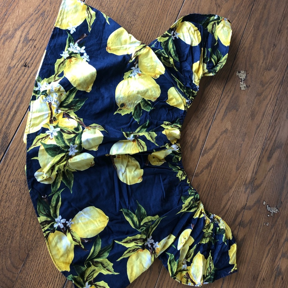 Navy Off-The-Shoulder Lemon Print Top